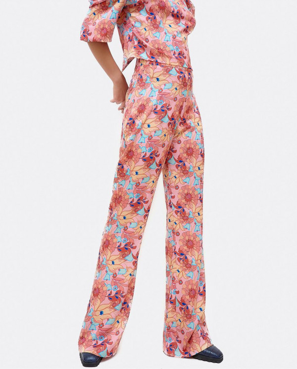 Women's blue flower print crepe straight trousers