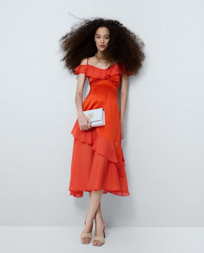 ORANGE SATIN Ruffled Maxi...