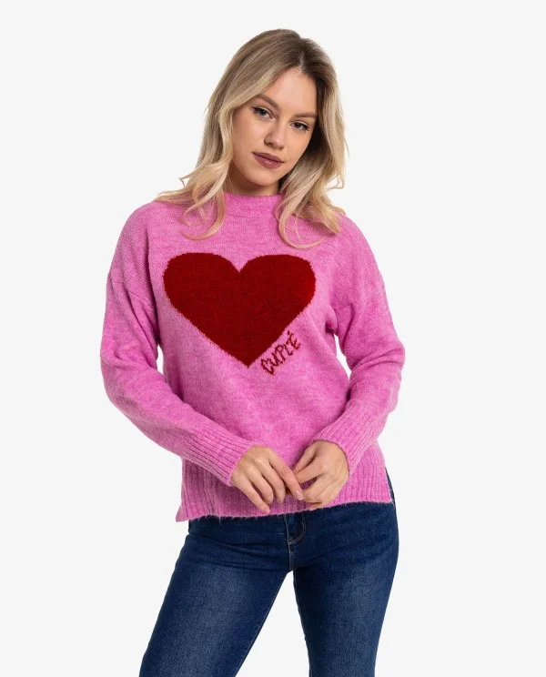 JERSEY DE PUNTO ROSA CON CORAZÓN ROJO