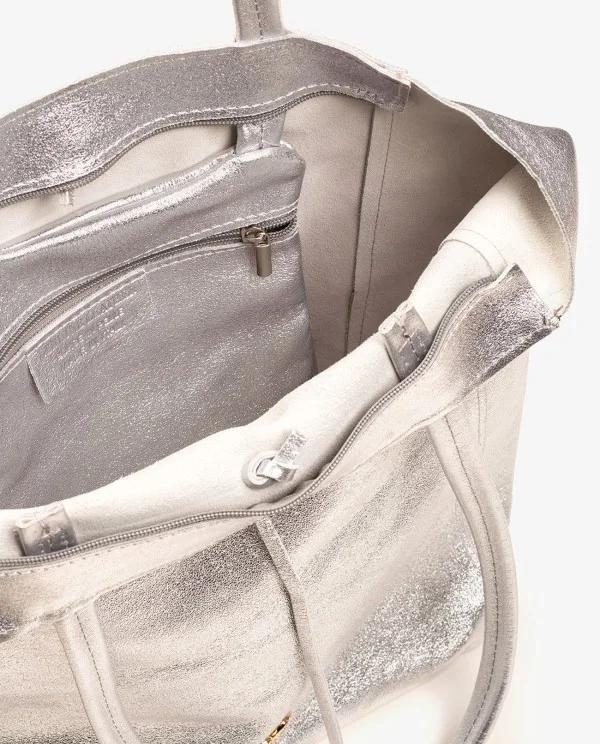 SHOPPER VERTICAL PIEL PLATA