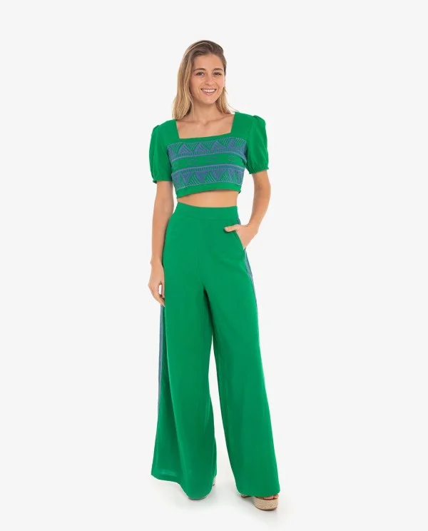 PANTALÓN PALAZZO VERDE BORDADO BOHO