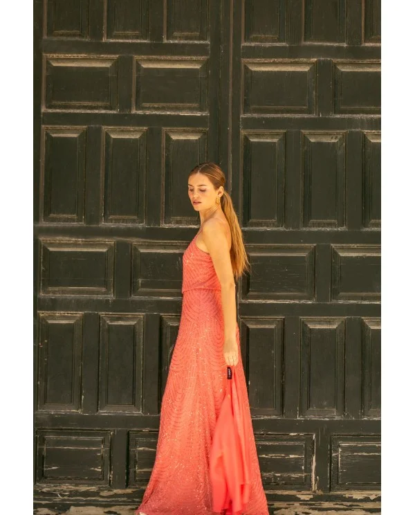 VESTIDO LARGO CORAL CON BORDADOS Y...