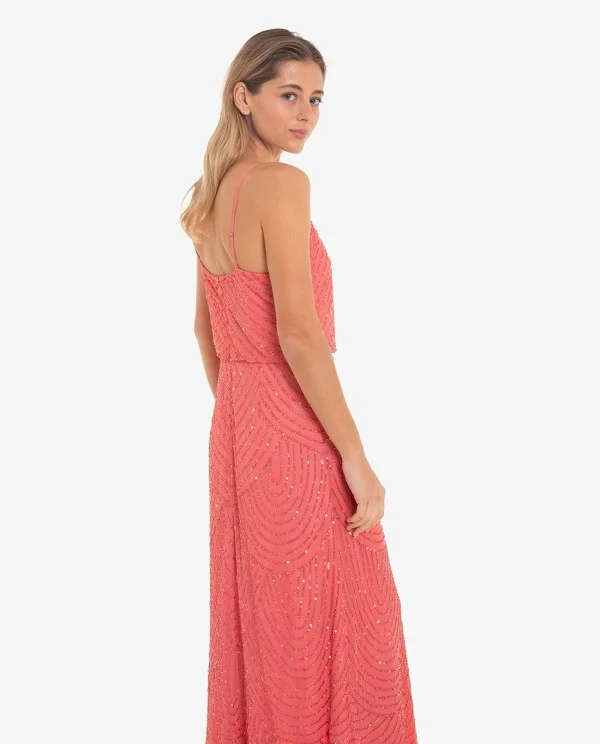 VESTIDO LARGO CORAL CON BORDADOS Y...