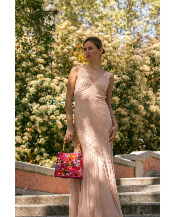 VESTIDO LARGO ROSA NUDE CON LENTEJUELAS