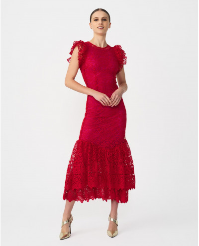 RED GUIPURE RUFFLE MIDI DRESS