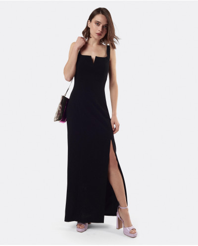 BLACK TWILL V NECKLINE DRESS