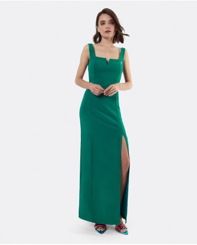 GREEN TWILL V NECKLINE DRESS