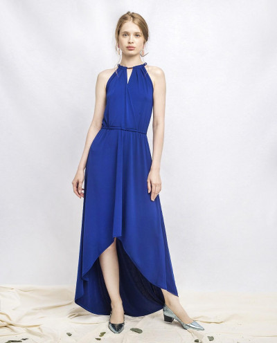 BLUE CREPE KNIT ASYMMETRIC...